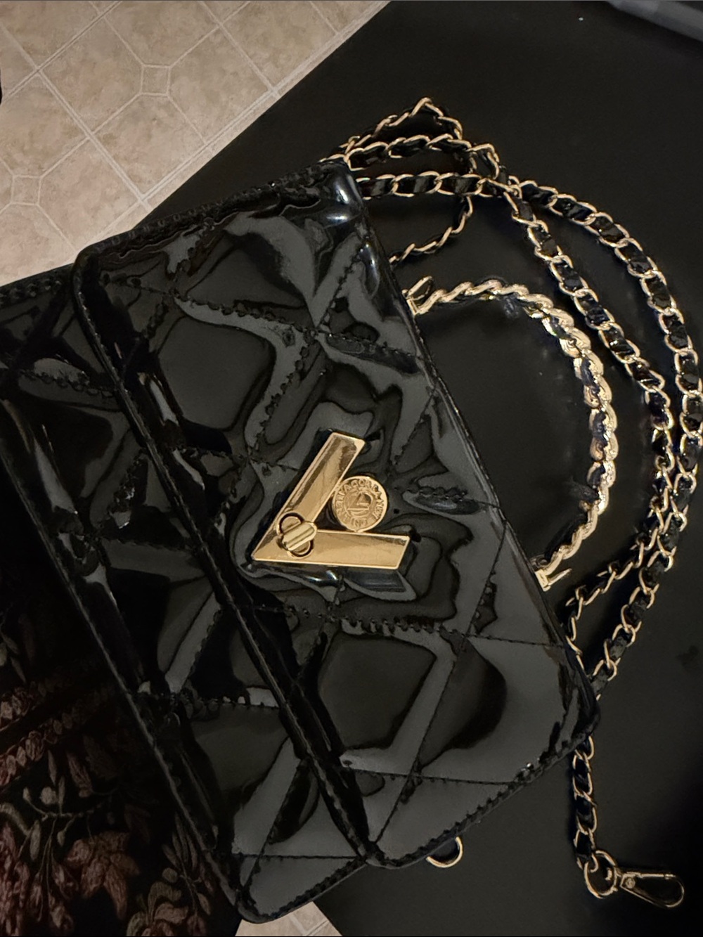 Black Patent Quilted Chain Shoulder Bag with Gold Hardware